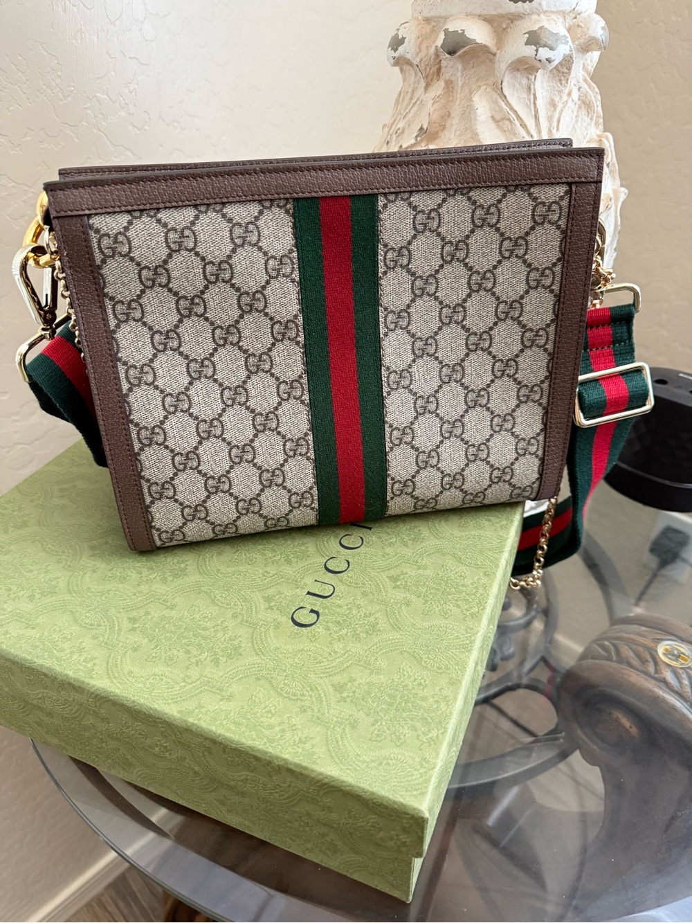 Gucci Brown GG Supreme Crossbody with Green and Red Web Stripe with added chain - Picture 3 of 4
